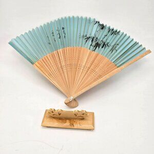 Vintage Handcrafted Bamboo & Fabric Folding Fan With Stand je185